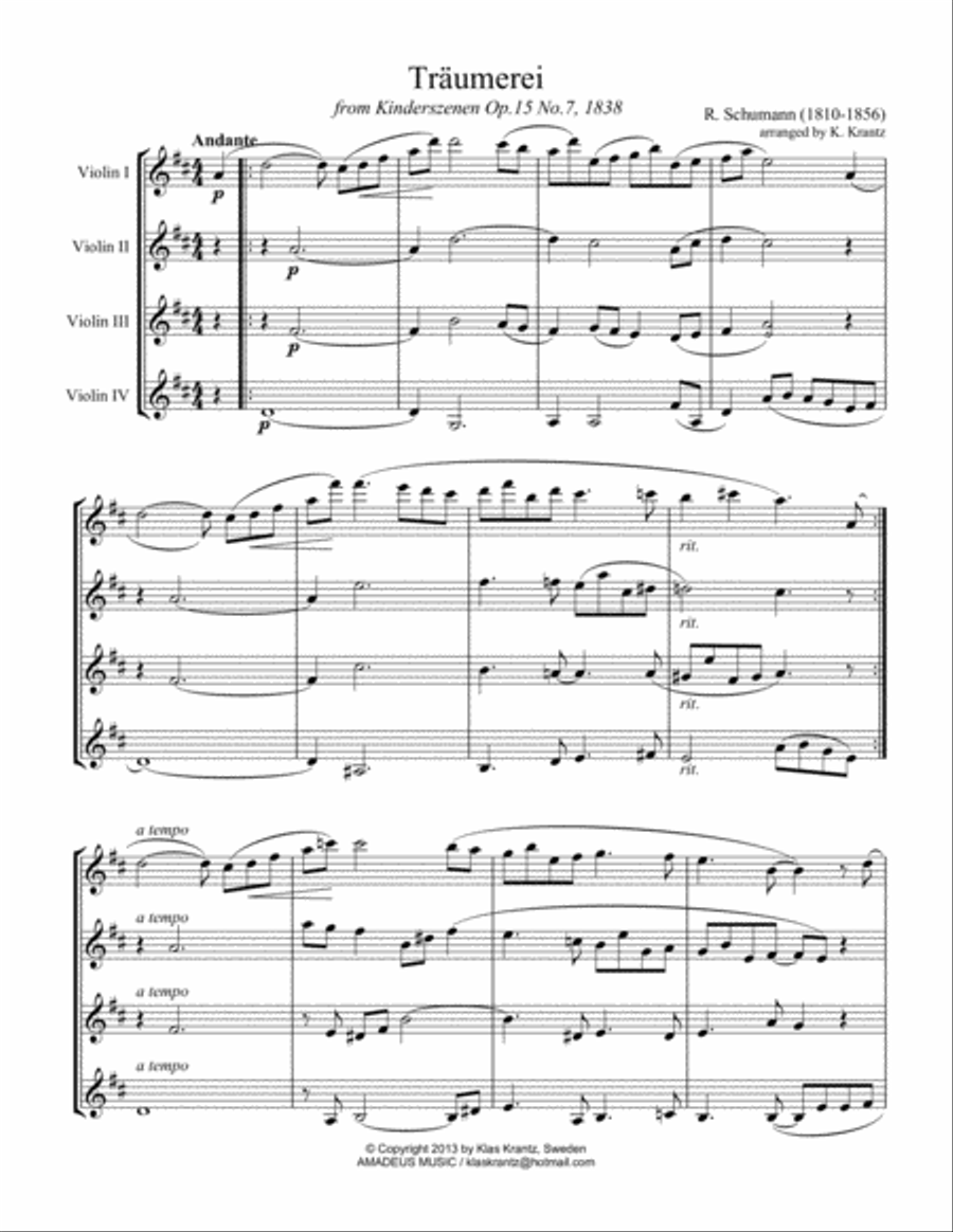 Traumerei / Dreaming for violin quartet Traumerei / Dreaming for violin quartet Piano Quartet scores gallery preview page 2