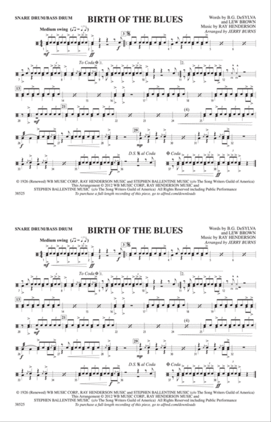 Birth of the Blues: Snare Drum/Bass Drum Marching Band scores gallery preview page 1