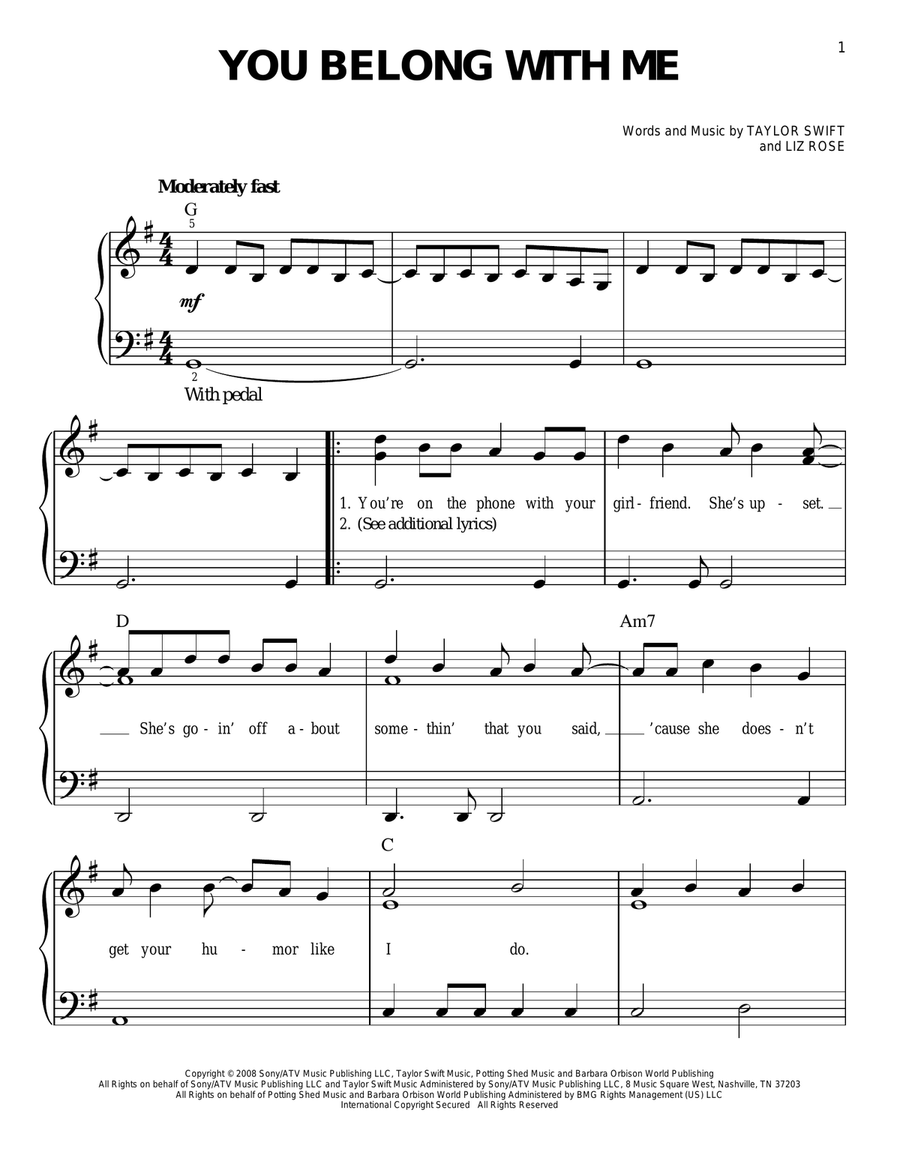 You Belong With Me Easy Piano scores gallery preview page 1