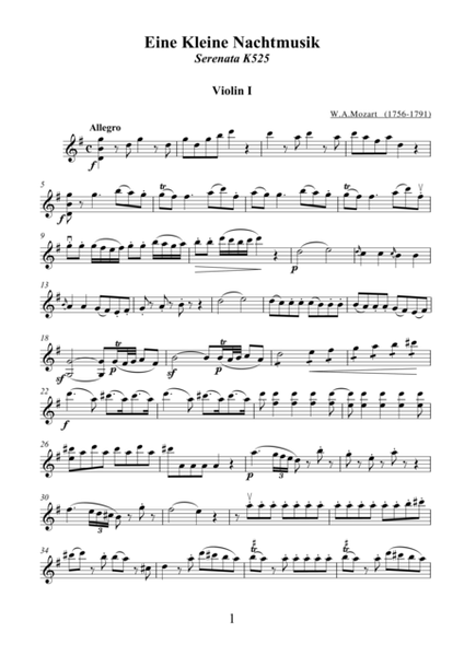 Eine Kleine Nachtmusik (parts) by Wolfgang Amadeus Mozart for string quartet (33pages)