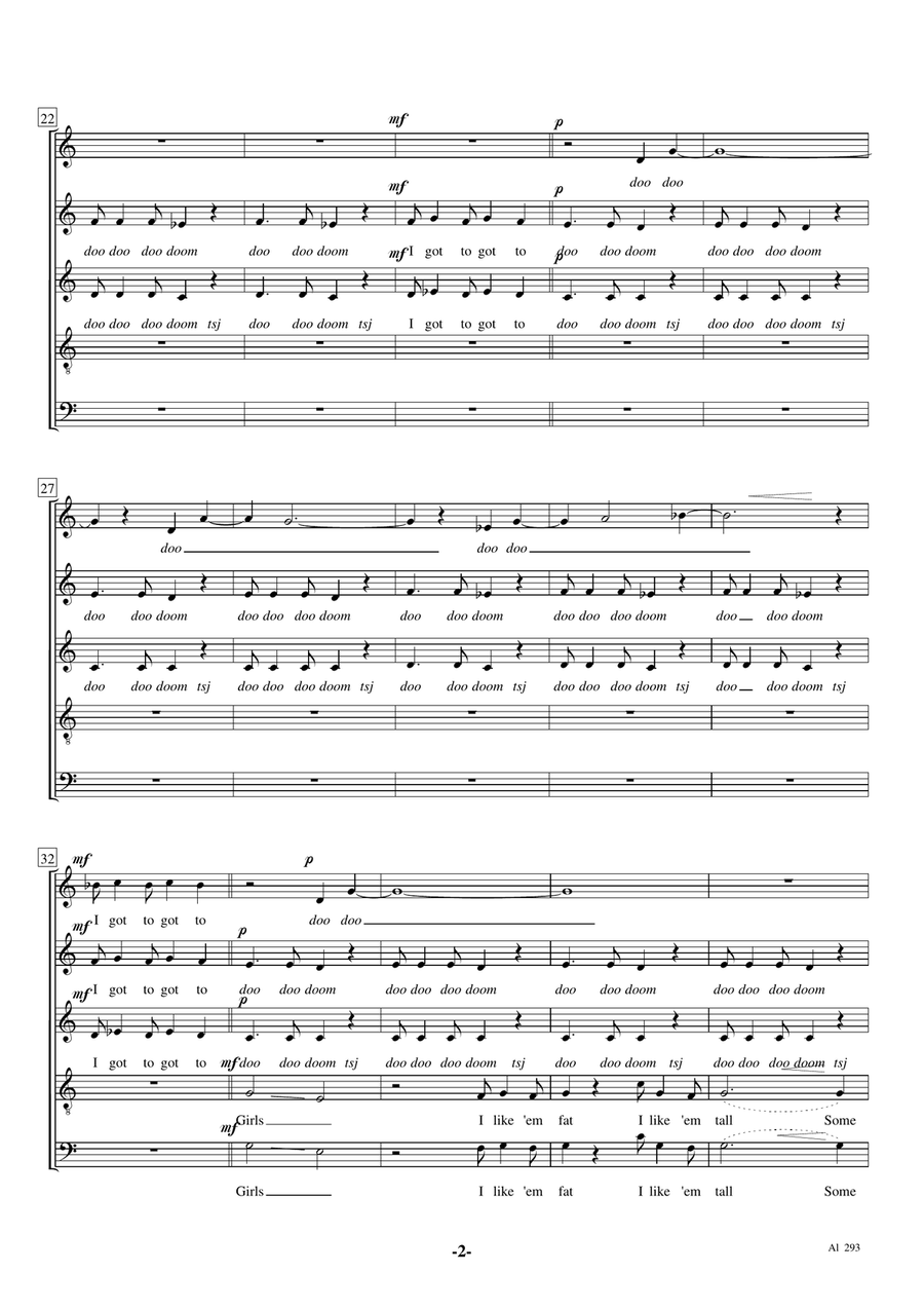 Girls SAATB chorus A Cappella Solo Bass Voice Divisi scores gallery preview page 2