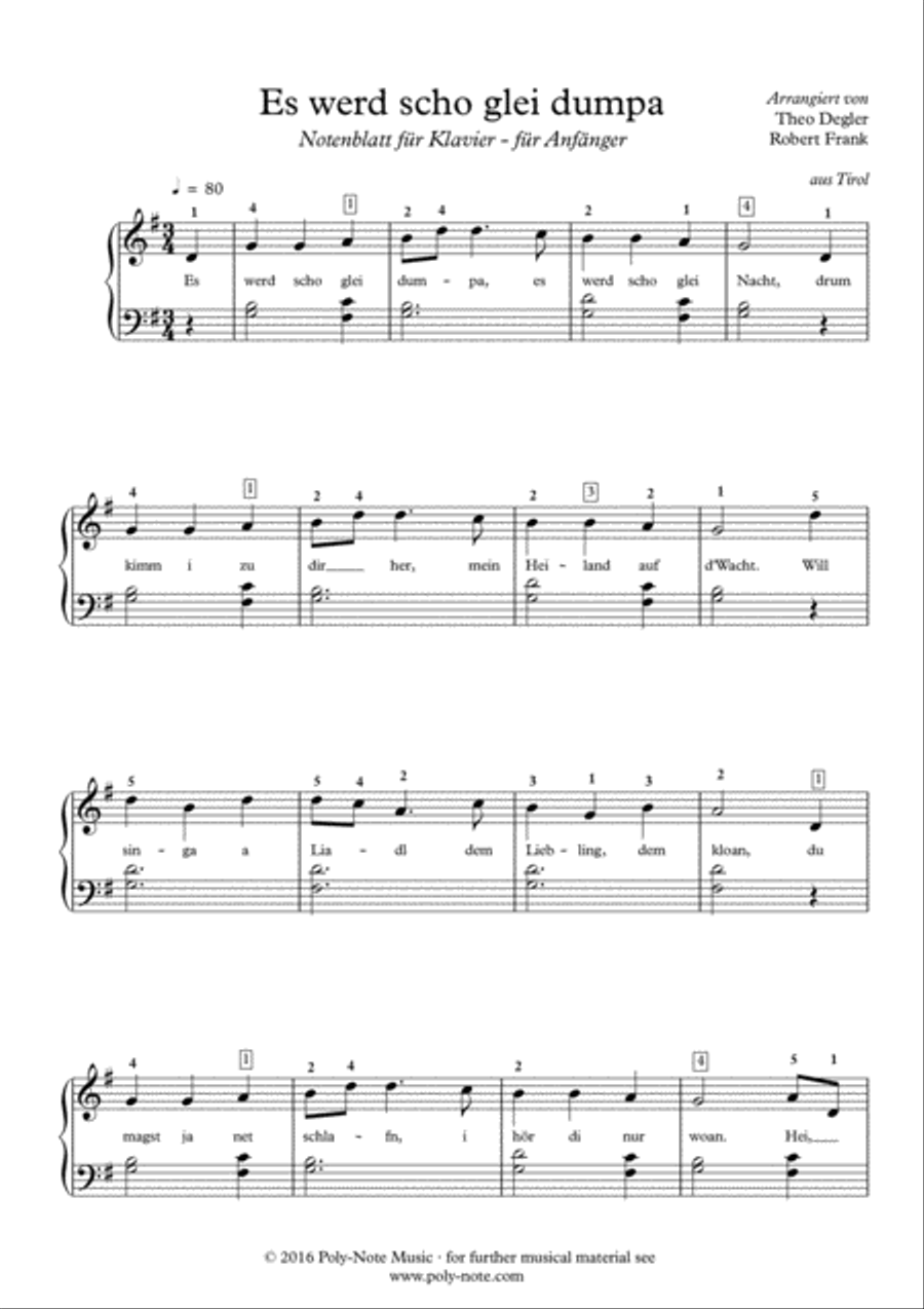 Es wird scho glei dumpa, Klavier für Anfänger Easy Piano scores gallery preview page 1