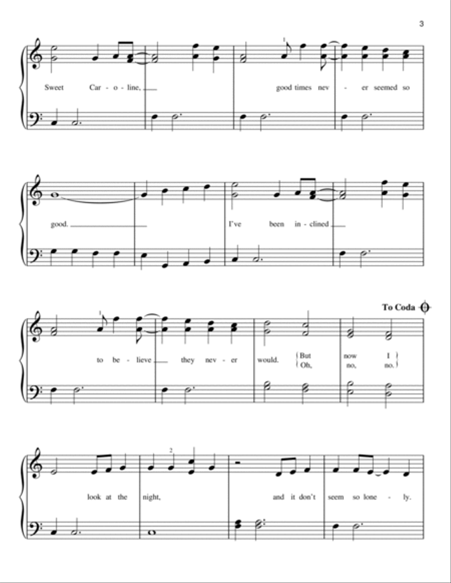 Sweet Caroline Easy Piano scores gallery preview page 3