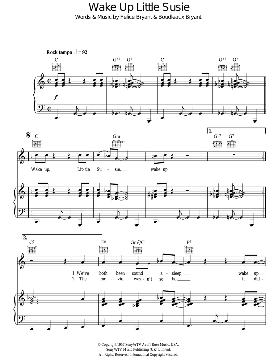 Wake Up Little Susie Piano, Vocal, Guitar scores gallery preview page 1