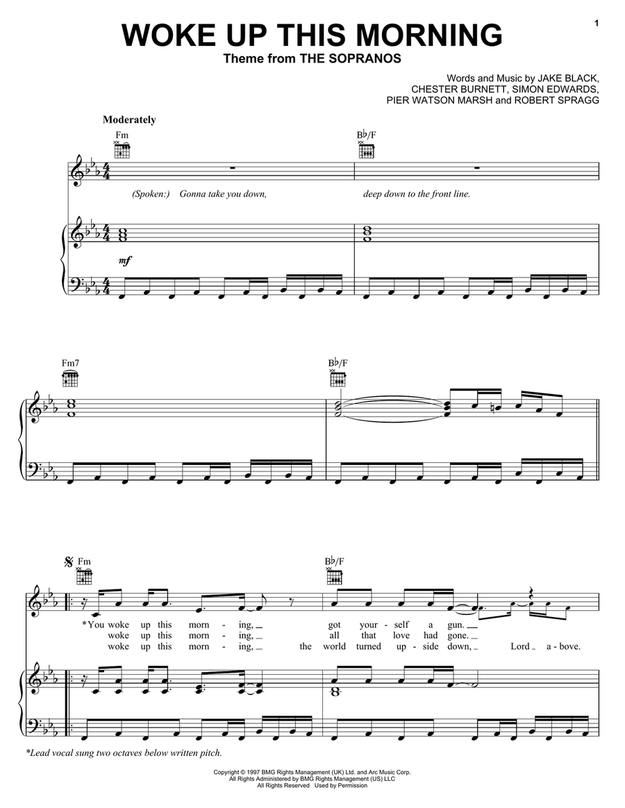 Woke Up This Morning (Theme from The Sopranos) Piano, Vocal, Guitar scores gallery preview page 1