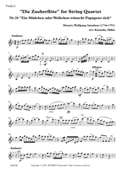 "Die Zauberflöte" for String Quartet, Nr.20 "Ein Mädchen oder Weibchen wünscht Papageno sich" image number null