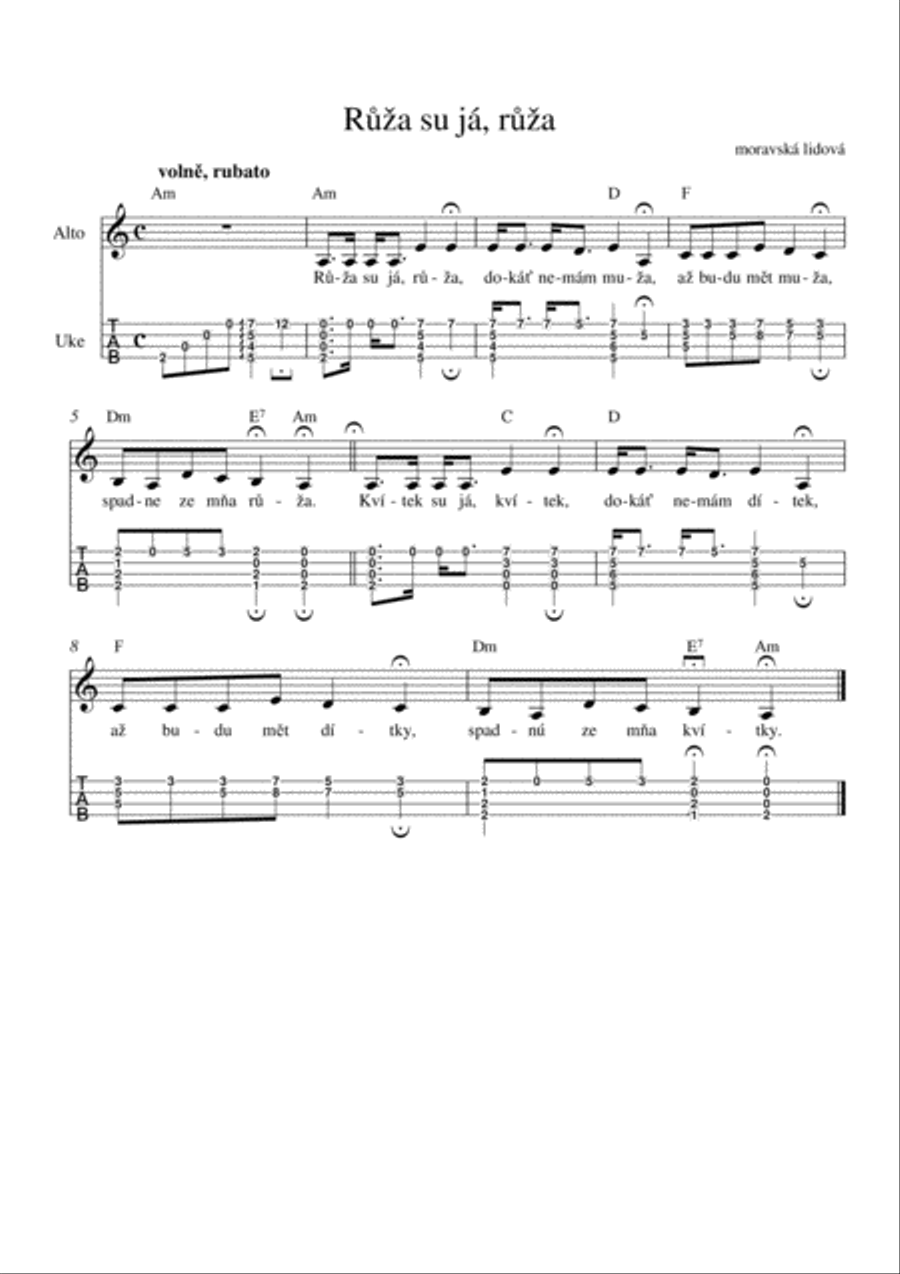 Růža su já, růža - simple Moravian folk song arranged for ukulele solo (C6 tune) Ukulele scores gallery preview page 1