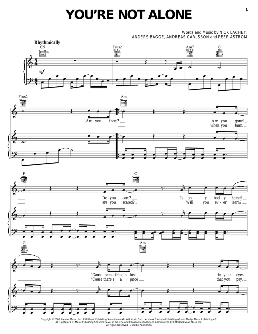 You're Not Alone Piano, Vocal, Guitar scores gallery preview page 1