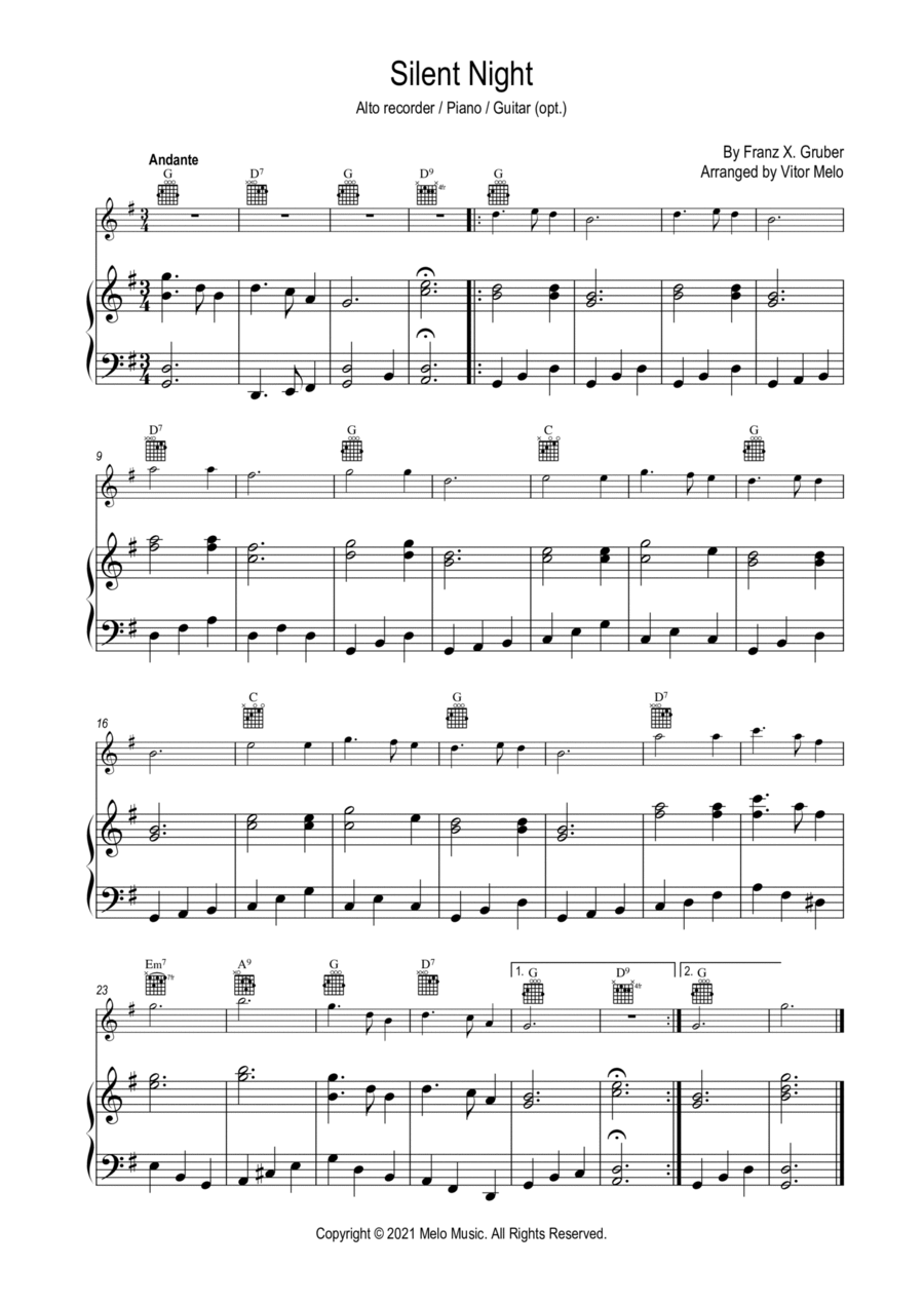 Silent Night - for alto recorder, piano and guitar Alto Recorder scores gallery preview page 1