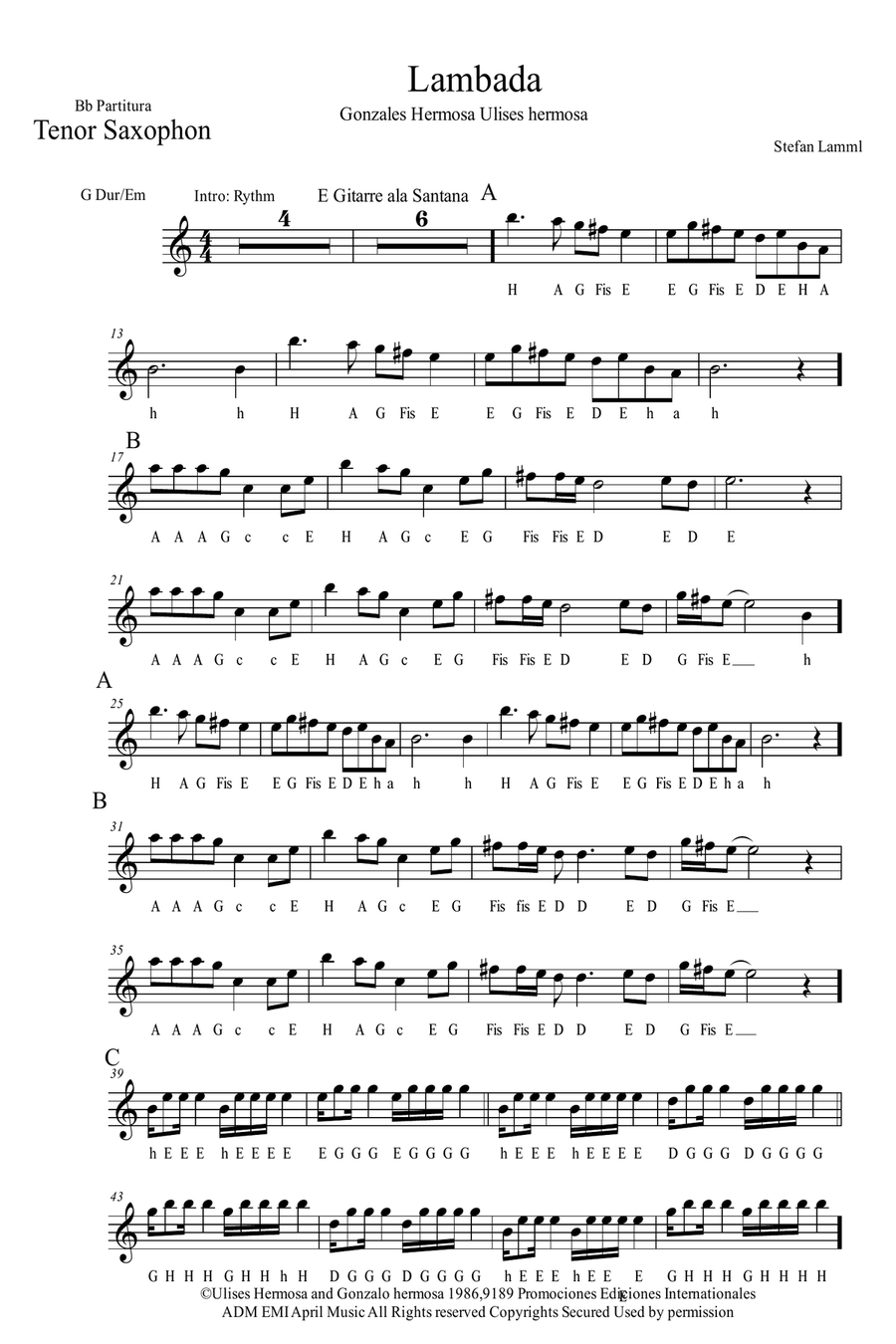 Llorando Se Fue (la Lambada) Saxophone scores gallery preview page 1