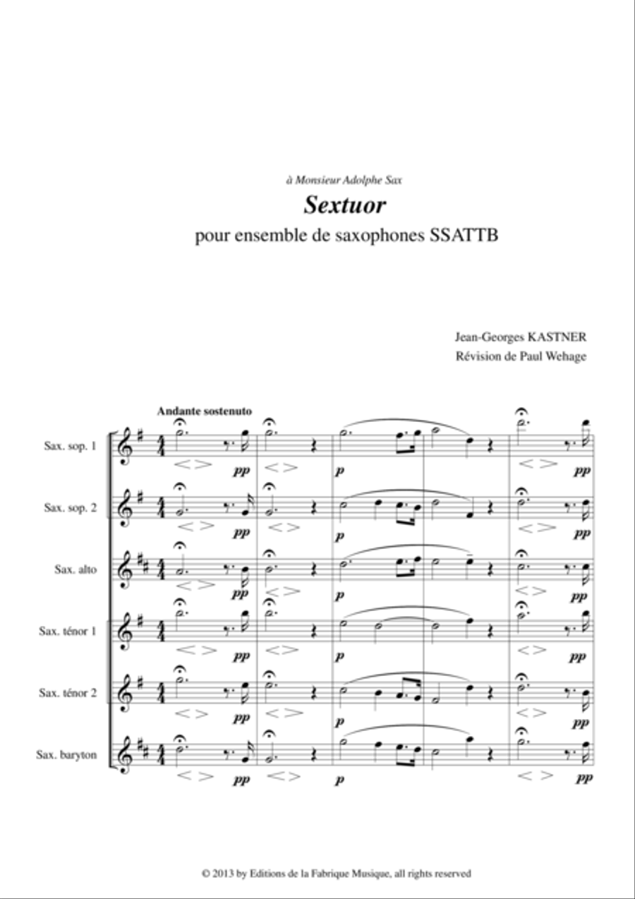Jean-Georges Kastner: Sextuor for SSATTB saxophone ensemble, edited by Paul Wehage (original key of Choir scores gallery preview page 2