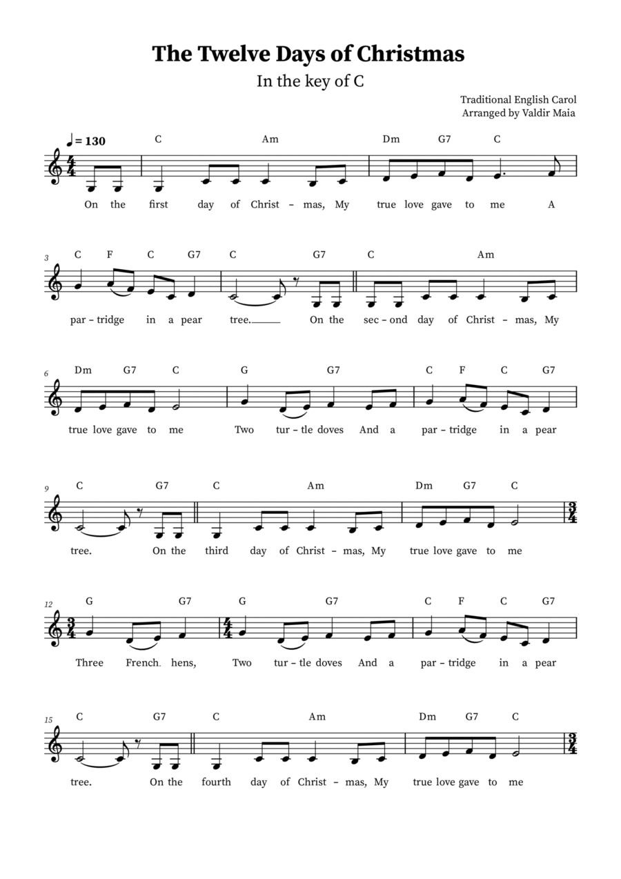 The Twelve Days Of Christmas (C major) Easy Piano scores gallery preview page 1
