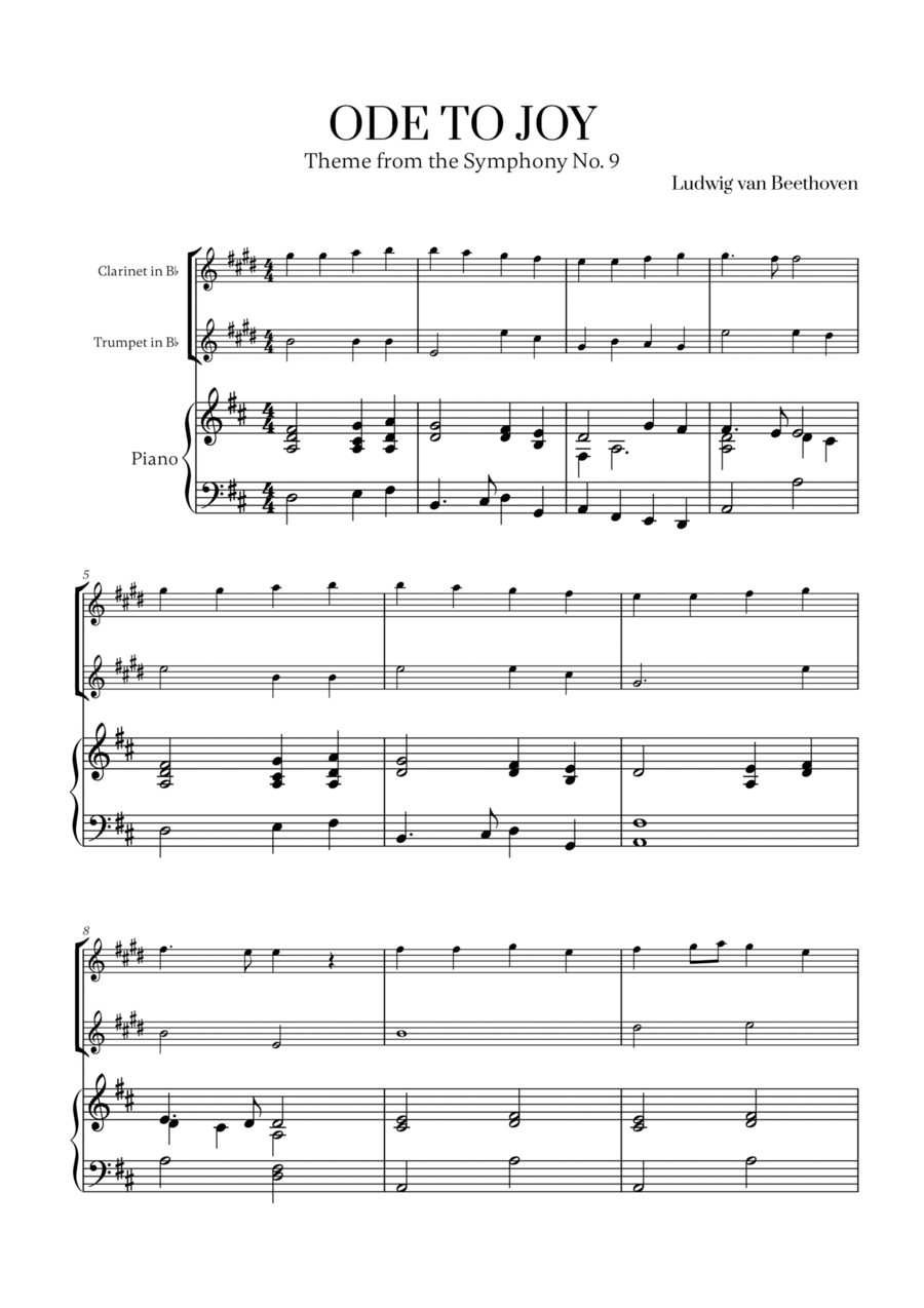 L. v. Beethoven - Ode to Joy (from Symphony No. 9) (for Clarinet, Trumpet and Piano) B-Flat Clarinet scores gallery preview page 1