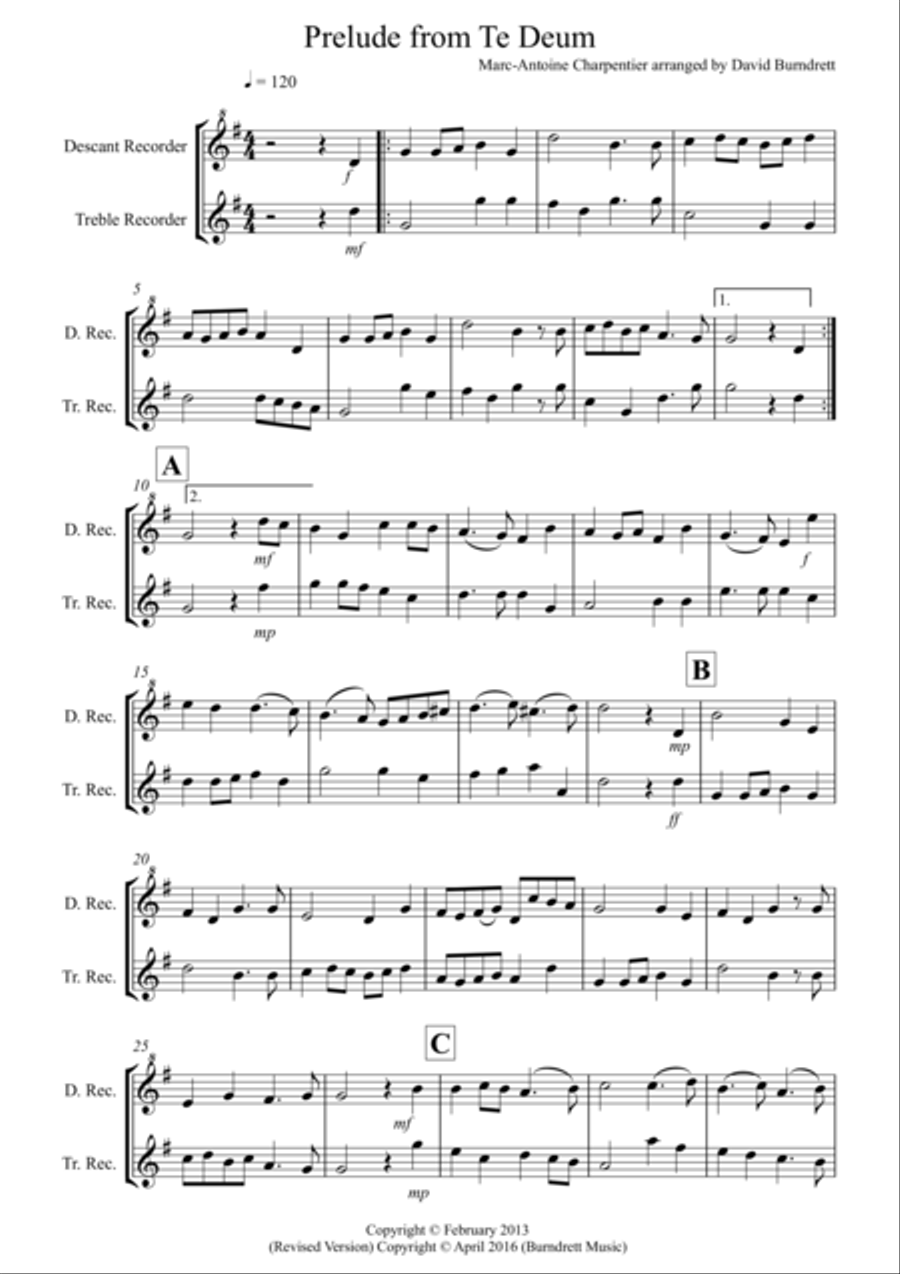 Prelude from Te Deum for Descant and Treble Recorder Alto Recorder scores gallery preview page 1