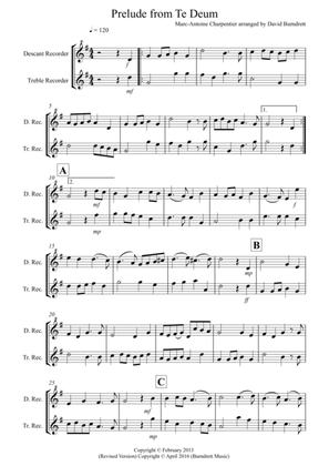 Prelude from Te Deum for Descant and Treble Recorder
