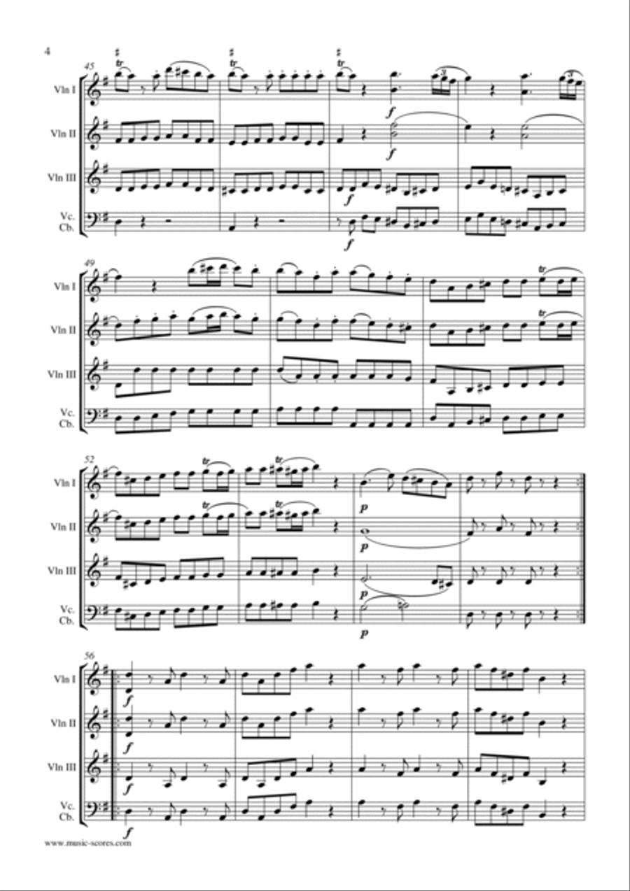 Eine Kleine Nachtmusik - Allegro 1st movement - 3 Violins and Cello and/or Contrabass String Trio scores gallery preview page 4