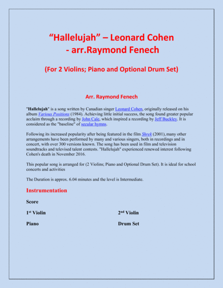 Hallelujah by Leonard Cohen String Duet - Digital Sheet Music