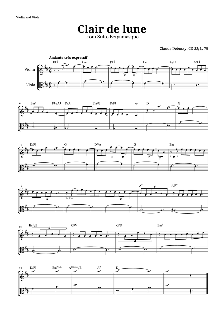 Clair de Lune by Debussy for Violin and Viola String Duet scores gallery preview page 1