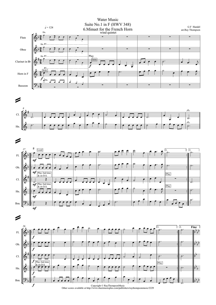 Book cover for Handel: 6.Minuet (for the French Horn) from Suite No.1 in F (HWV348) "The Water Music"- wind quintet