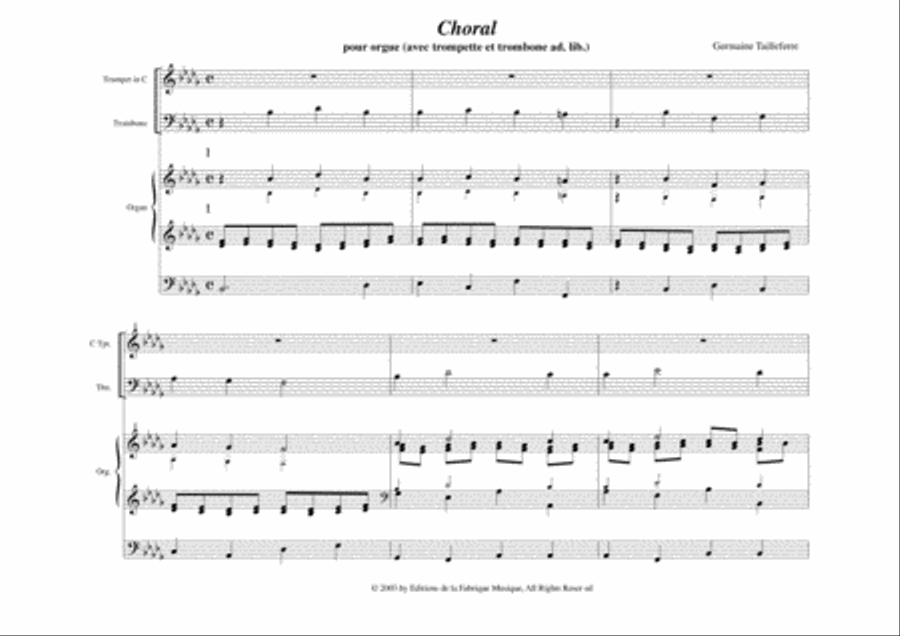 Germaine Tailleferre: Choral for organ and optional brass (C trumpet and trombone) Small Ensemble scores gallery preview page 2