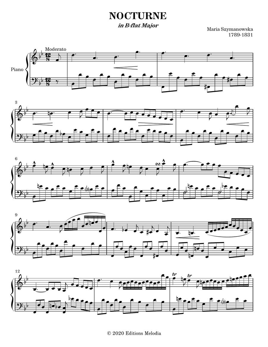 Nocturne in B flat Major - Szymanowska Piano Solo scores gallery preview page 1