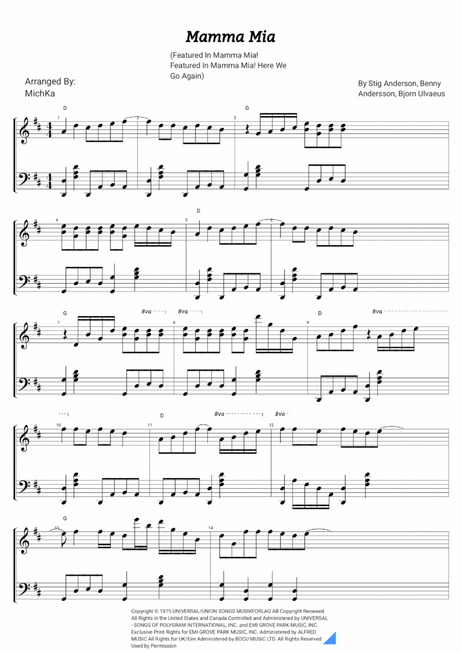 Mamma Mia Piano Solo scores gallery preview page 1