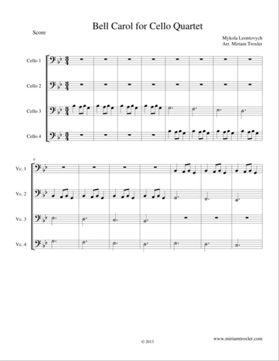 Bell Carol for Cello Quartet Cello scores gallery preview page 1