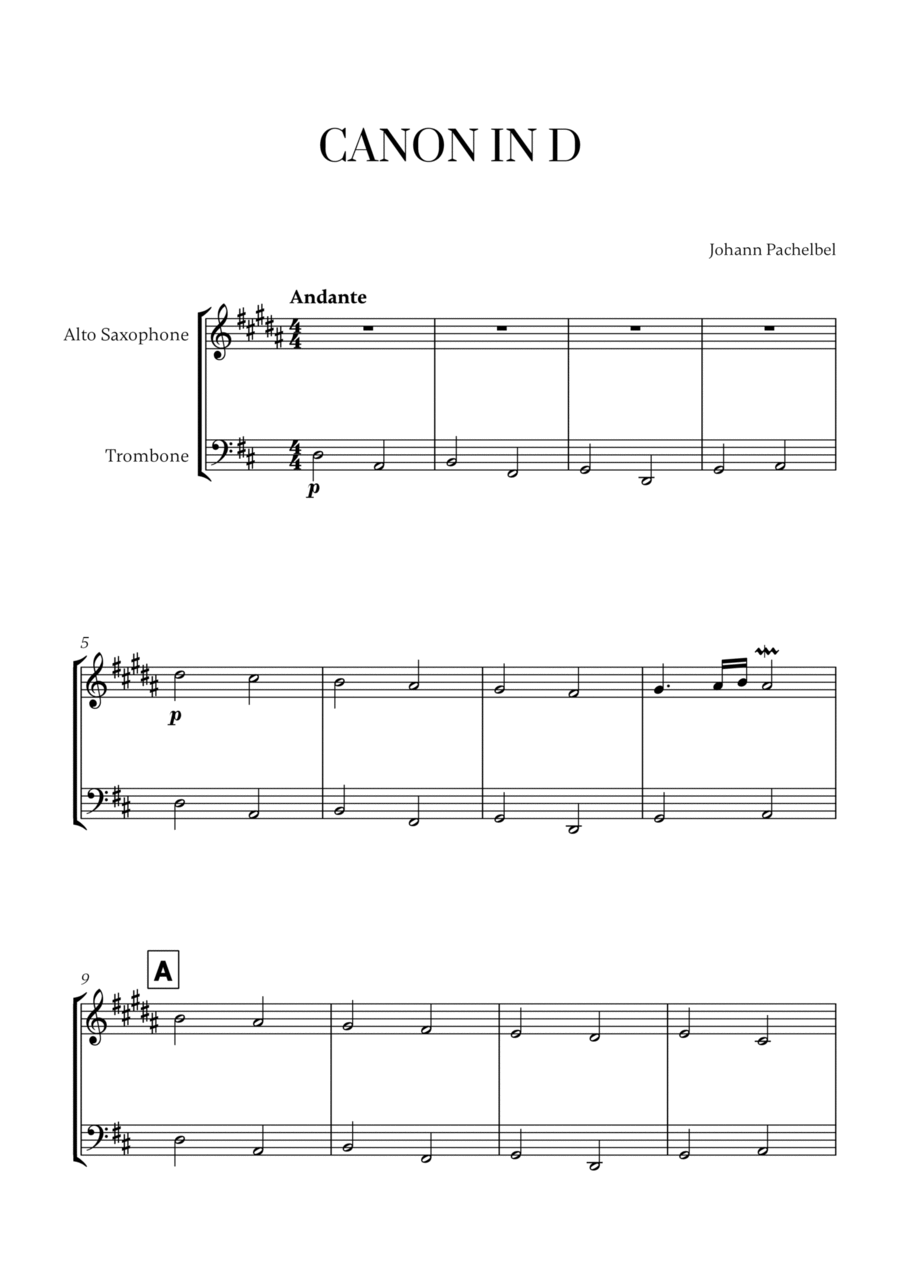 Canon in D (for Alto Sax and Trombone) Trombone Duet scores gallery preview page 1