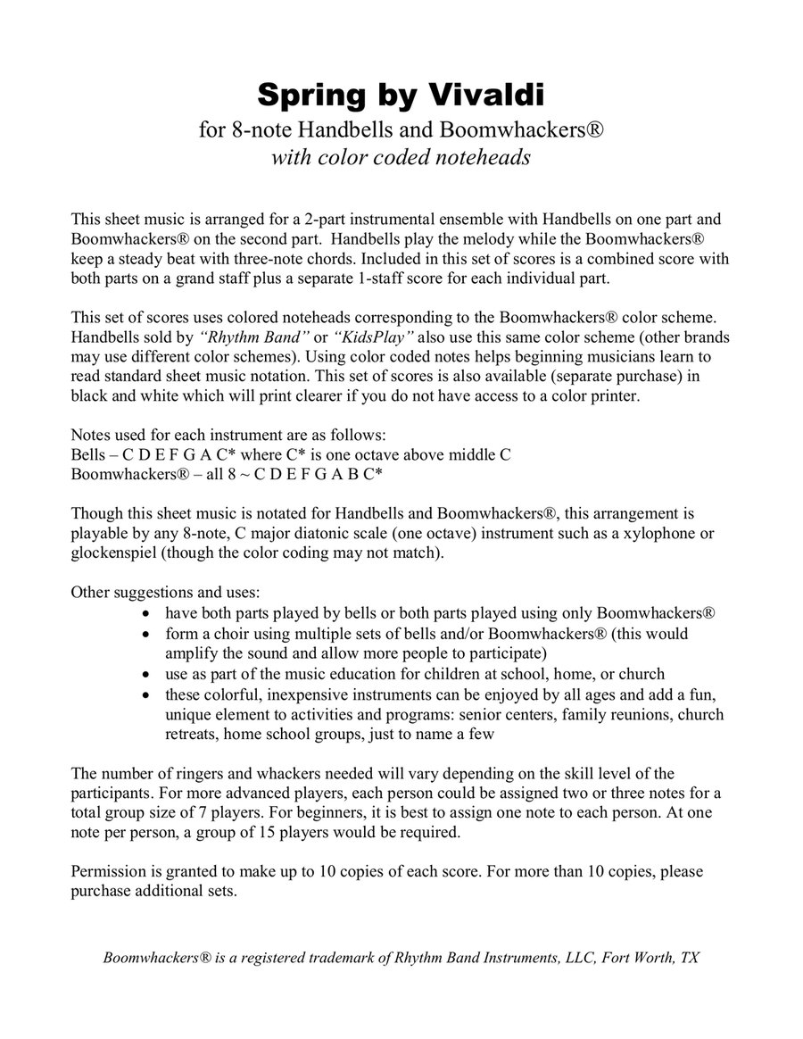 Spring for 8-note Bells and Boomwhackers® (with Color Coded Notes) Handbell Choir scores gallery preview page 2