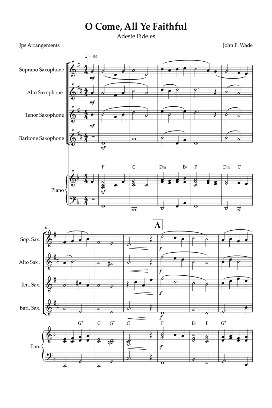 O Come, All Ye Faithful for Sax quartet and piano Woodwind Ensemble scores gallery preview page 1