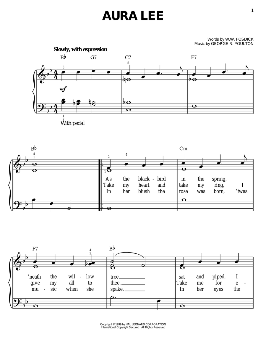 Aura Lee Aura Lee Easy Piano scores gallery preview page 1