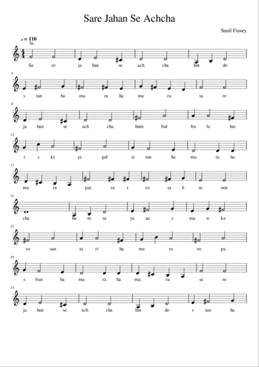 Sare Jahan Se Acha Sare Jahan Se Acha Easy Piano scores gallery preview page 1