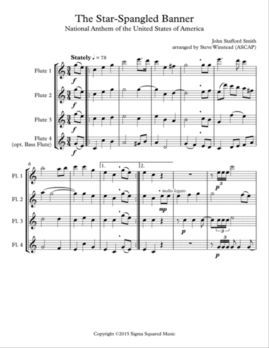 The Star-Spangled Banner for Flute Quartet or Choir Choir scores gallery preview page 2