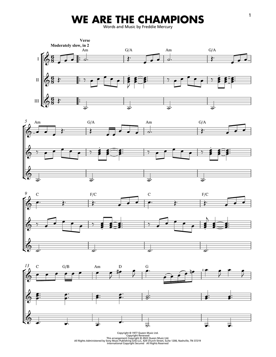 We Are The Champions Guitar Ensemble scores gallery preview page 1