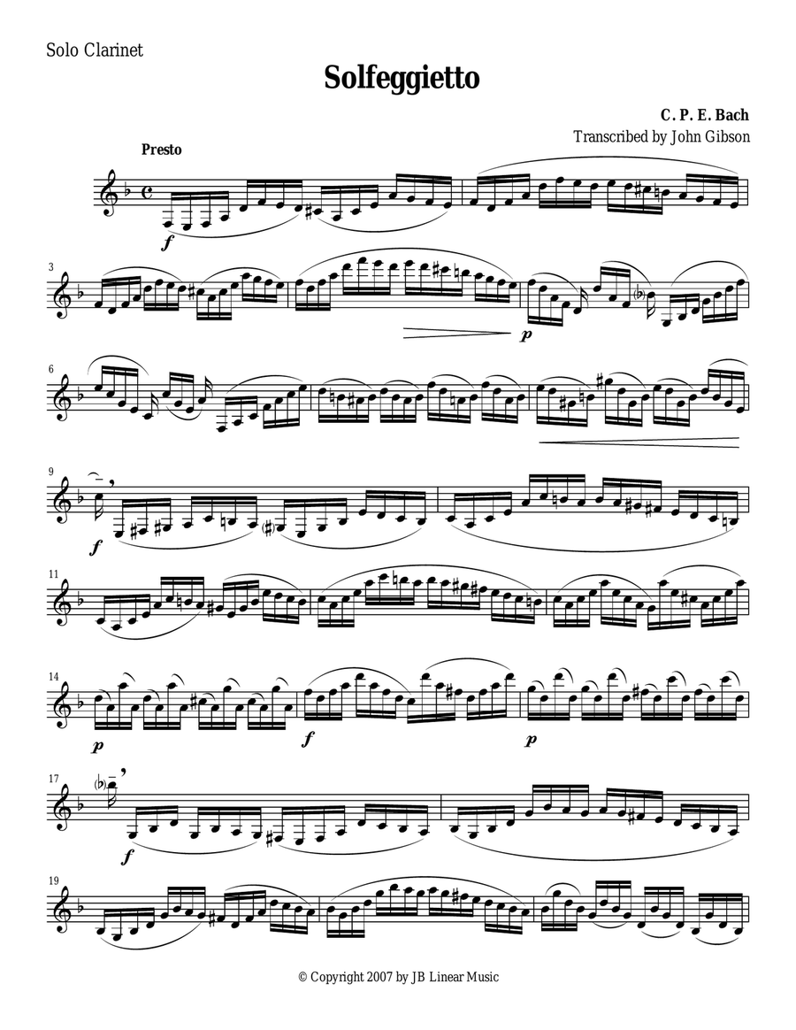 Solfeggietto by CPE Bach for solo (unaccompanied) Clarinet Clarinet Solo scores gallery preview page 1