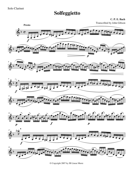 Solfeggietto by CPE Bach for solo (unaccompanied) Clarinet by Carl Philipp Emanuel Bach Clarinet Solo - Digital Sheet Music