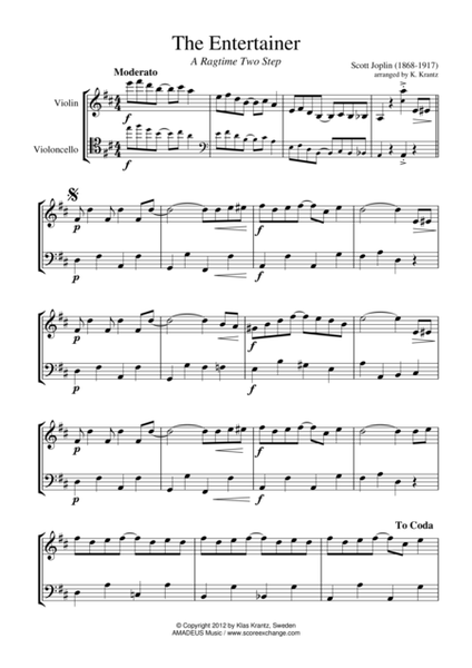 The Entertainer, Ragtime (easy, abridged) for violin and cello image number null