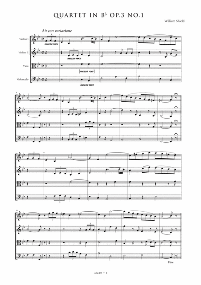 String Quartet in B flat major, Op. 3, No. 1 - Score Only