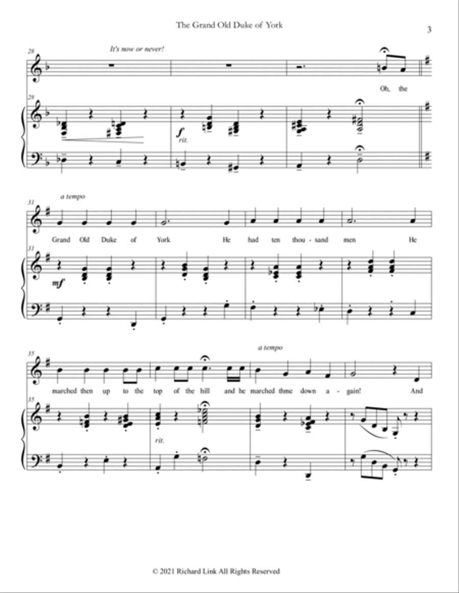 The Grand Old Duke of York (a 'dramatic' arrangement suitable for young voices) Children's Choir scores gallery preview page 3