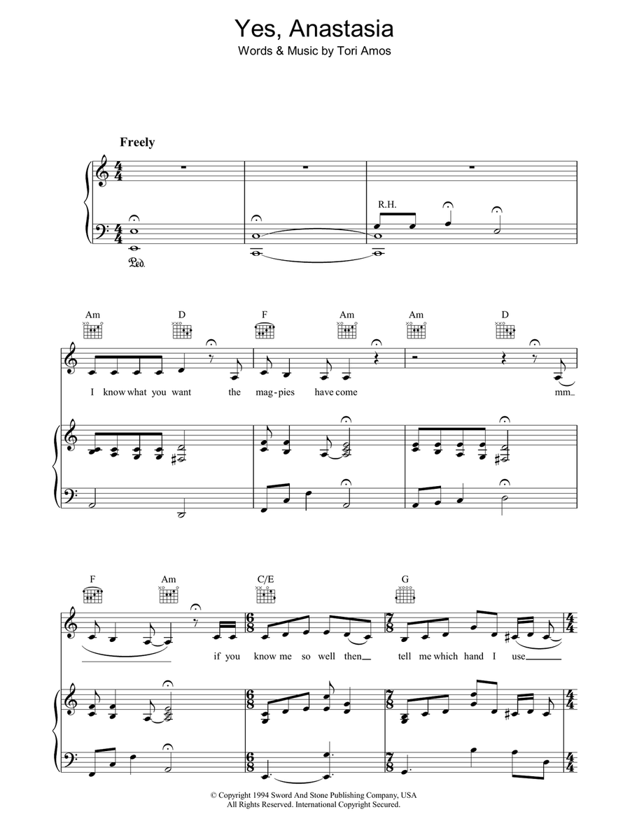 Yes, Anastasia Yes, Anastasia Piano, Vocal, Guitar scores gallery preview page 1