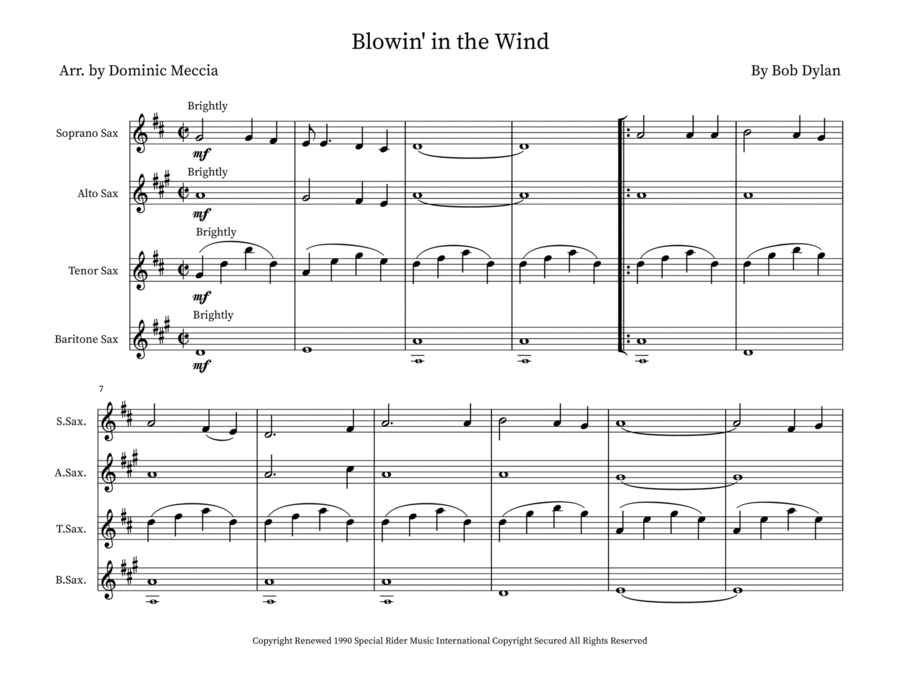 Blowin' In The Wind Saxophone Quartet scores gallery preview page 1