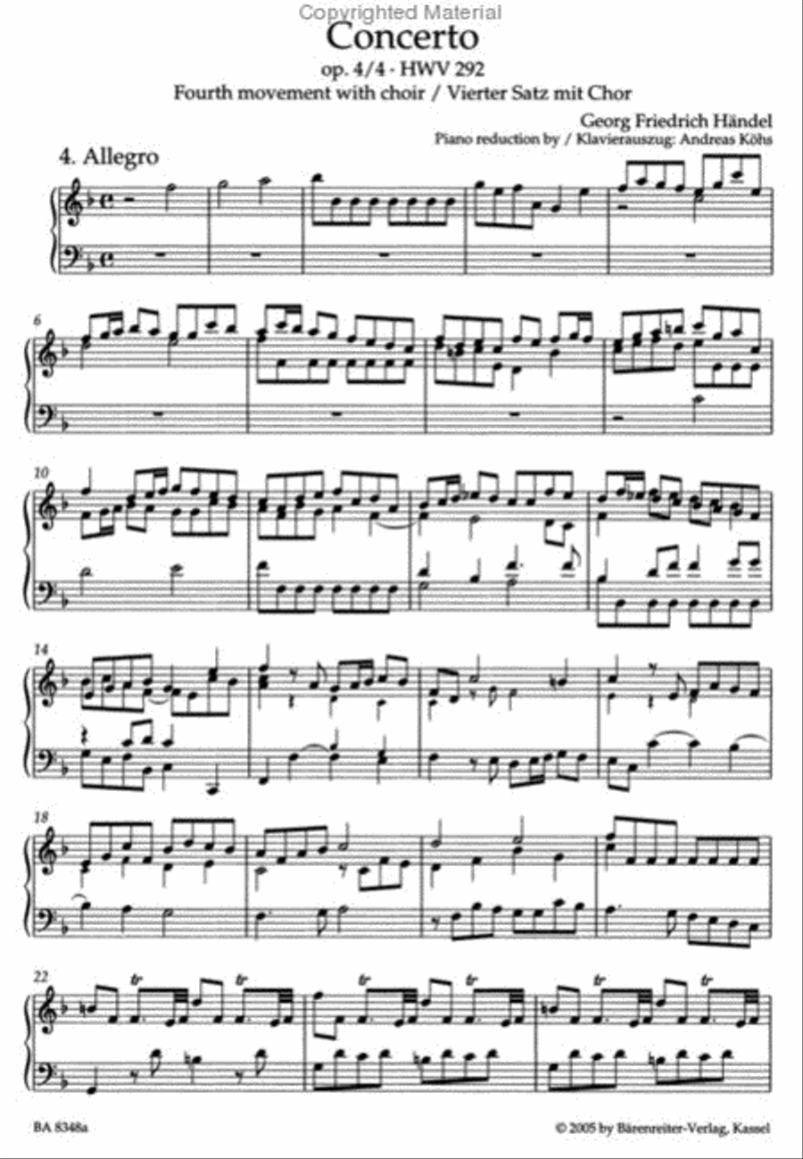 Concerto for Organ and Orchestra F major, Op. 4/4 HWV 292 4-Part scores gallery preview page 2