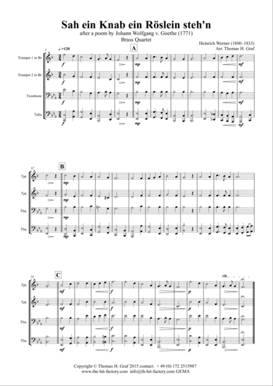 Sah ein Knab ein Roeslein stehn - German Folk Song - Brass Quartet Brass Quartet scores gallery preview page 1