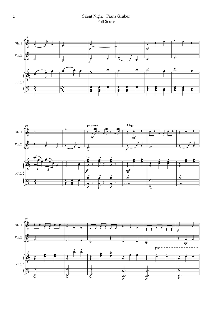 Silent Night for Violin Duet and Piano String Duet scores gallery preview page 2