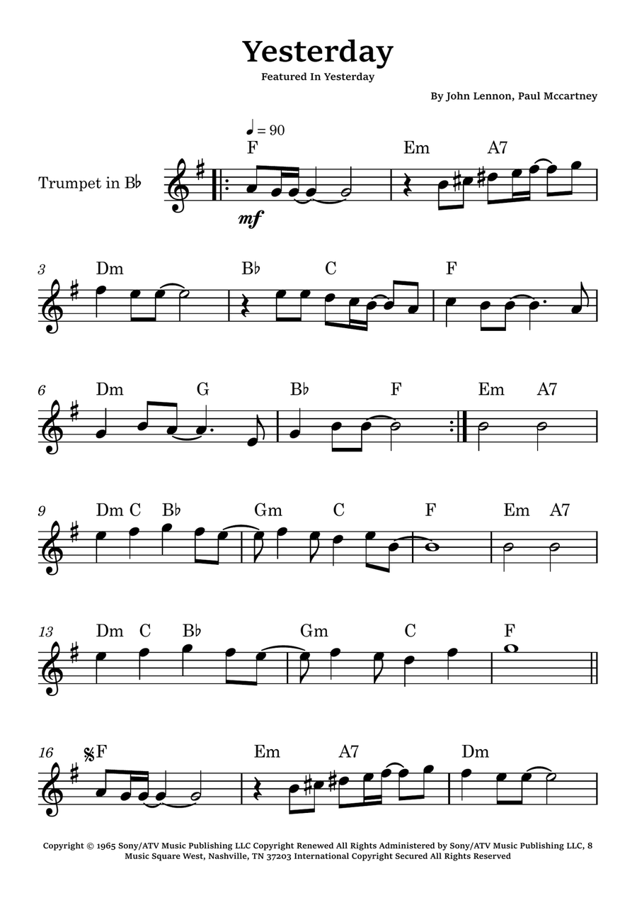 The Beatles 楽譜と歌詞集190曲 Yesterday by The Beatles - B-Flat Trumpet, Trumpet Solo - Early