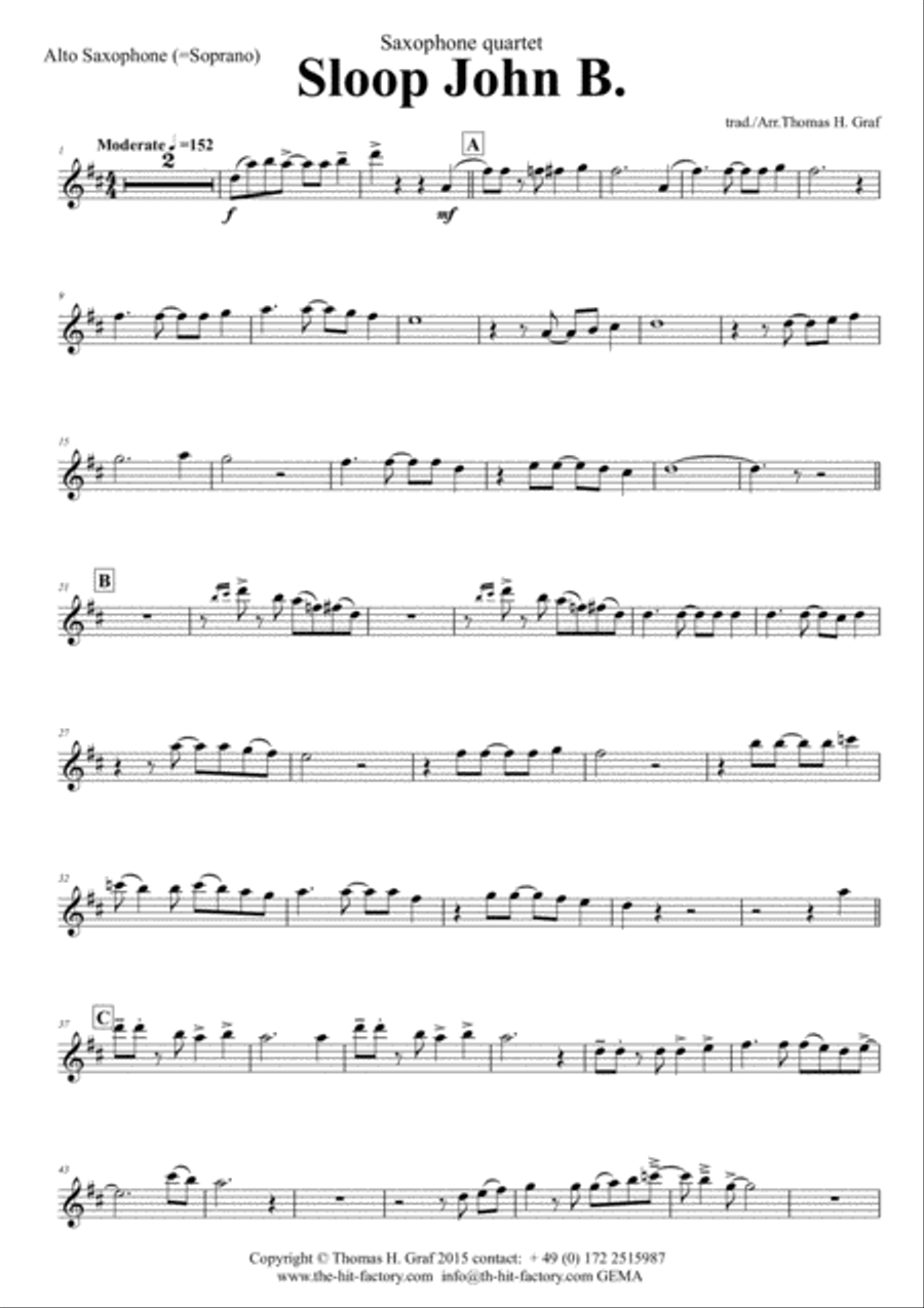 Sloop John B. - Caribian Folk Song - Saxophone Quartet Saxophone Quartet scores gallery preview page 5