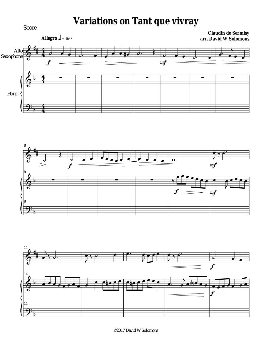 Variations on Tant que vivray (As long as I live) for alto saxophone and harp Alto Saxophone scores gallery preview page 1