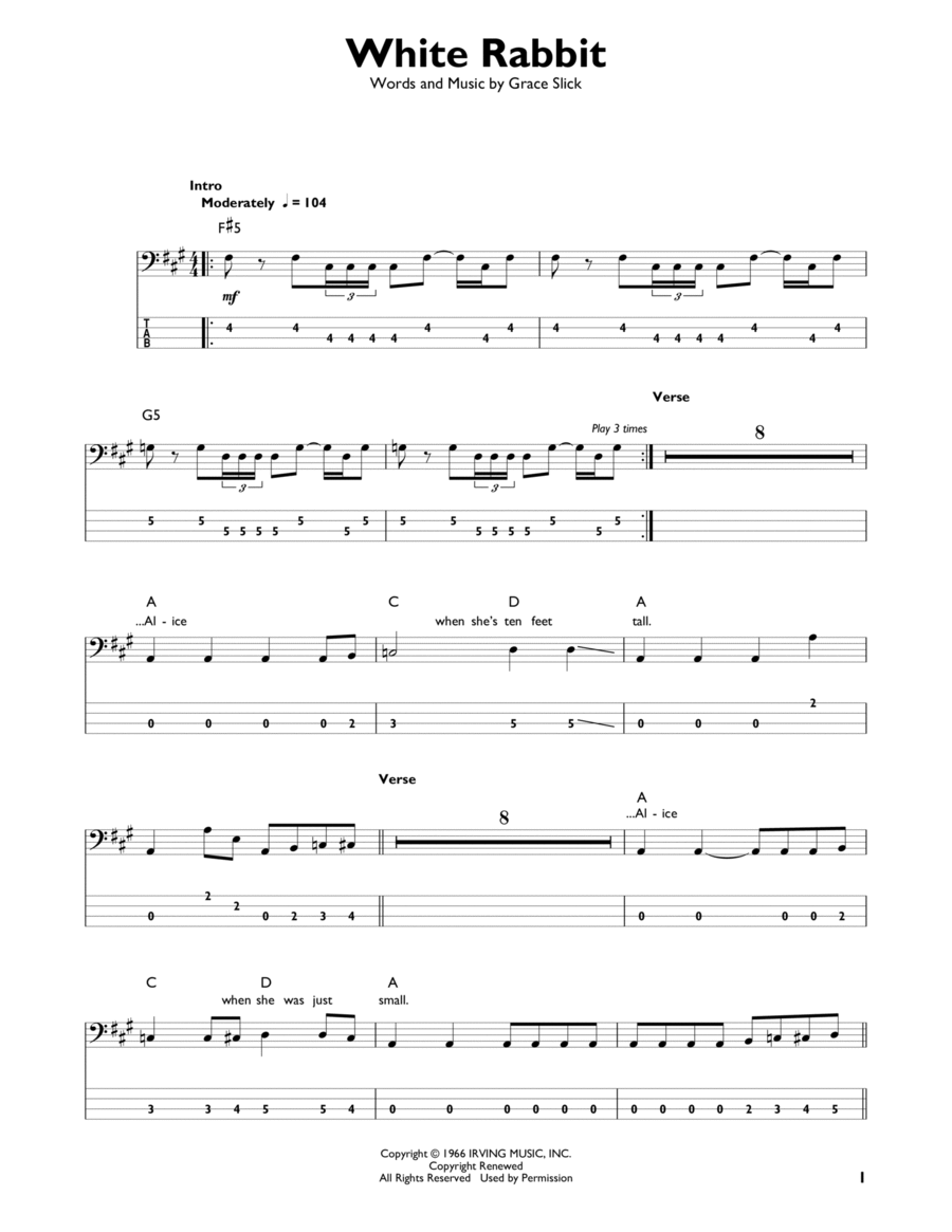 White Rabbit White Rabbit Bass Guitar scores gallery preview page 1