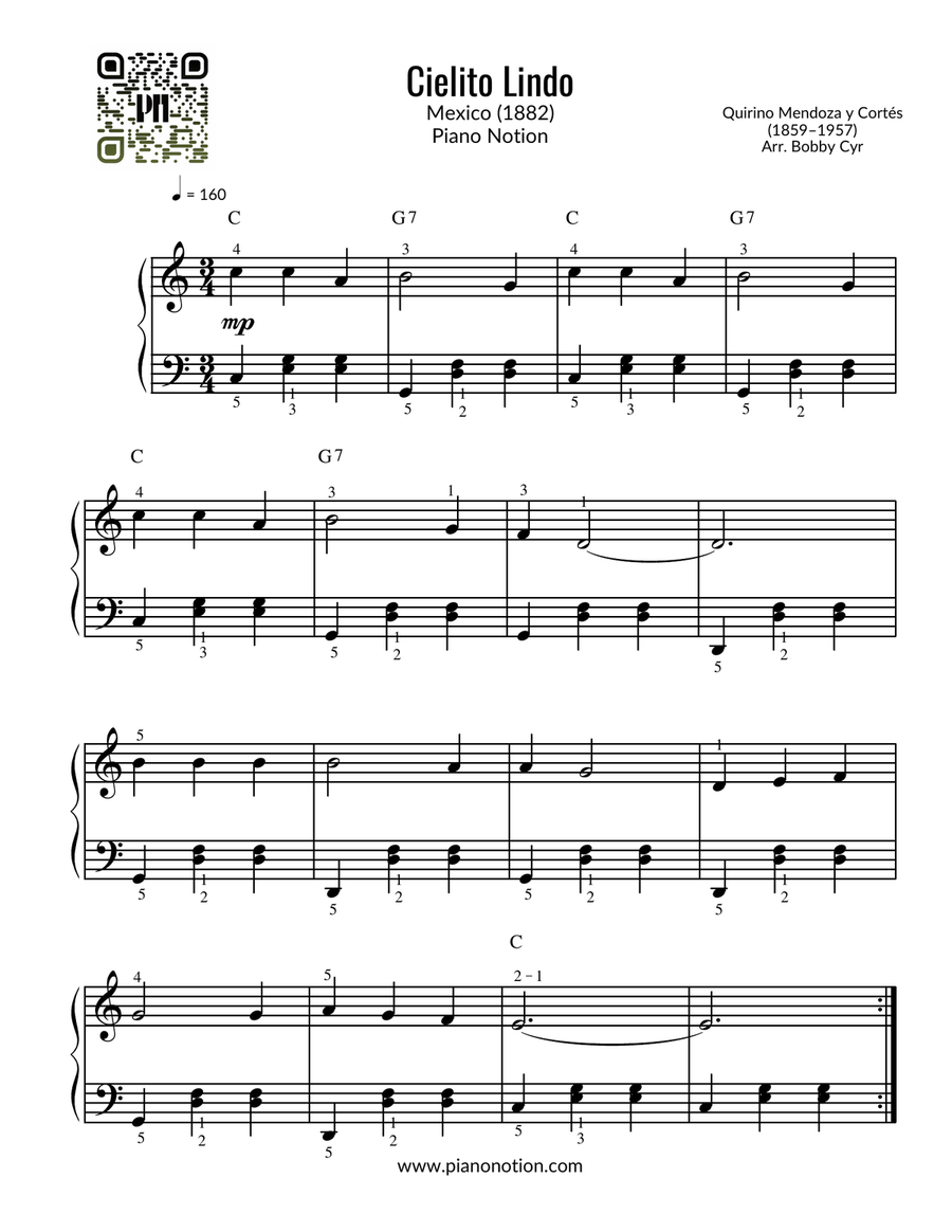 Cielito Lindo - Quirino Mendoza y Cortés (piano fácil) Easy Piano scores gallery preview page 1