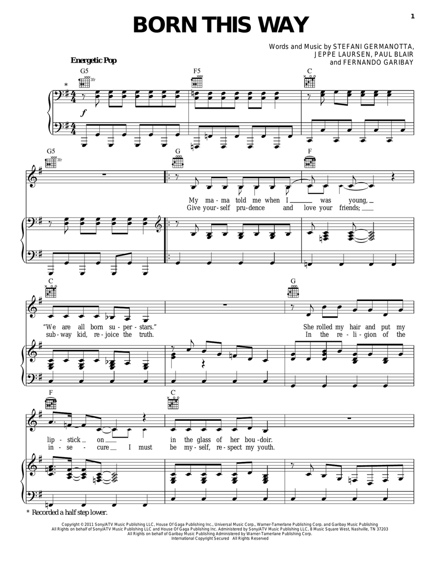 Born This Way Piano, Vocal, Guitar scores gallery preview page 1